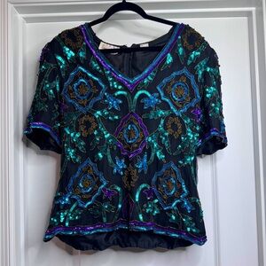 Vintage 80’s Women’s Laurence Kazar Sequin and Beaded Short Sleeve Top Blouse